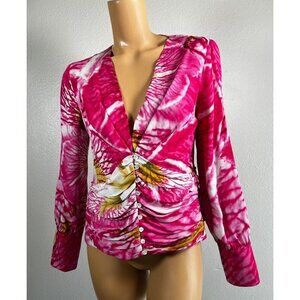 Etcetera Womens Blouse Hot Pink White Long Sleeve Button Cuff V Neck Ruched 8